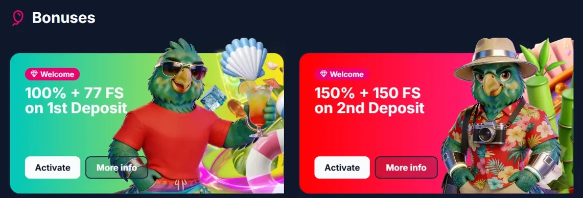 Bónus de boas-vindas do Lukkly: 100% + 77 giros no 1º depósito e 150% + 150 giros no 2º
